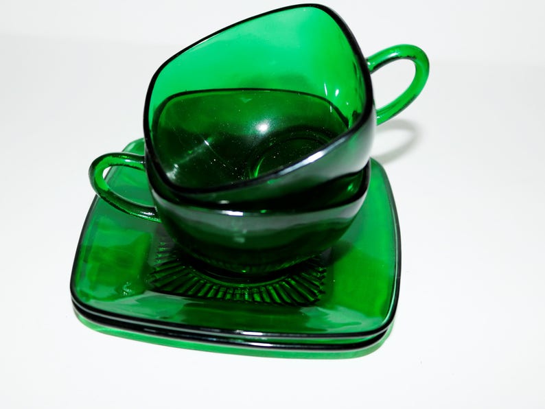 Vintage Glass Cup and Saucer Set in Charm Forest Green by Etsy