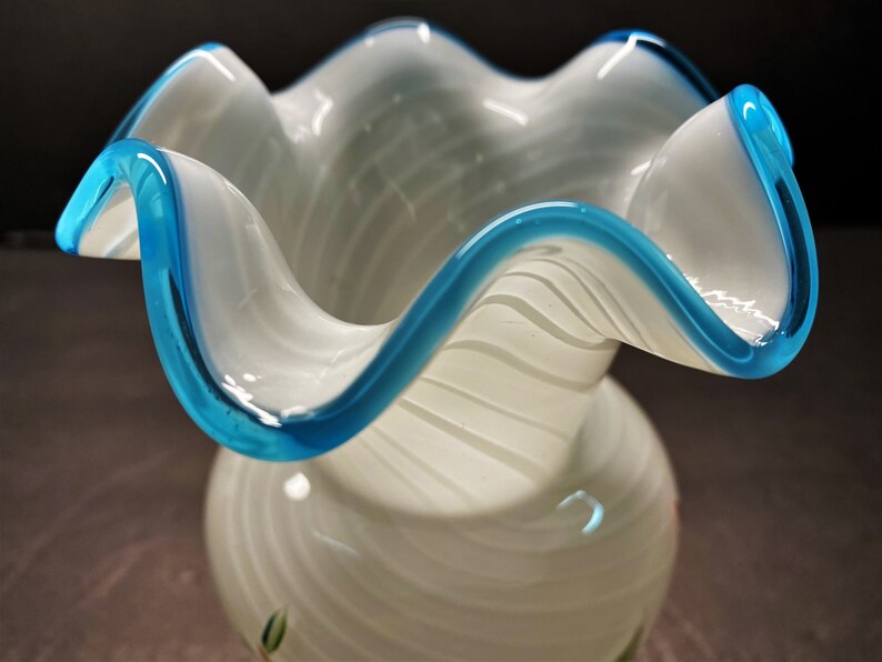 Vintage Cased Glass Ruffle Vase White Swirl Pattern Blue Edged Etsy