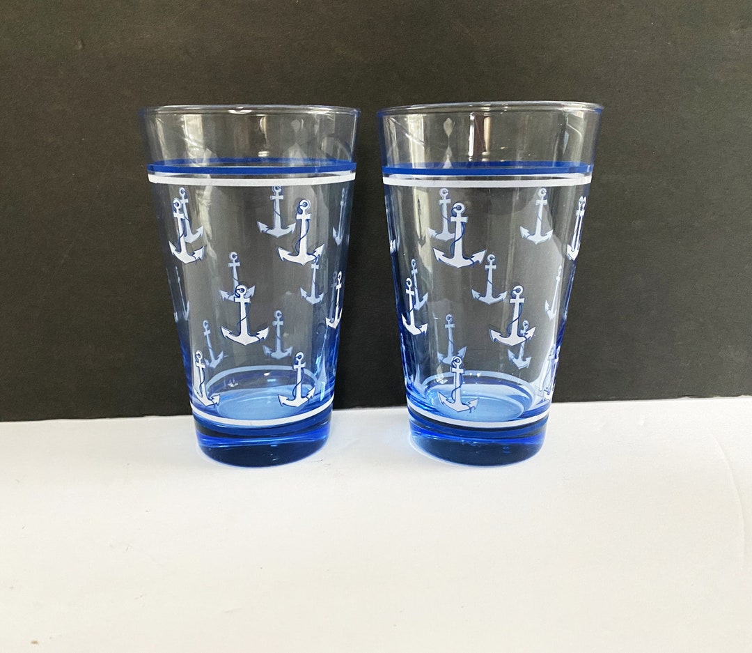 Vintage Nautical Blue Glassware With Anchors 8 Ounce Glasses Beach or Boat Theme Glassware Etsy