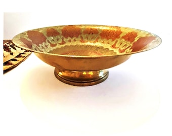 Vintage Enamel Brass Bowl Floral and Peacock Design 8 inch Pedestal Bowl Made in India
