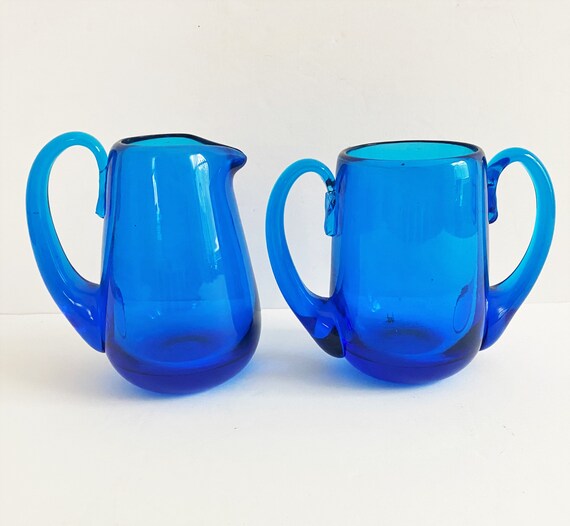 Vintage Cobalt Blue Sugar and Creamer Hand Blown Glass Sugar Etsy