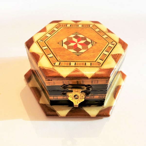 Vintage Inlaid Marquetry Box with Red Lining, Mirror and Latch, Small Trinket Box Mid Century