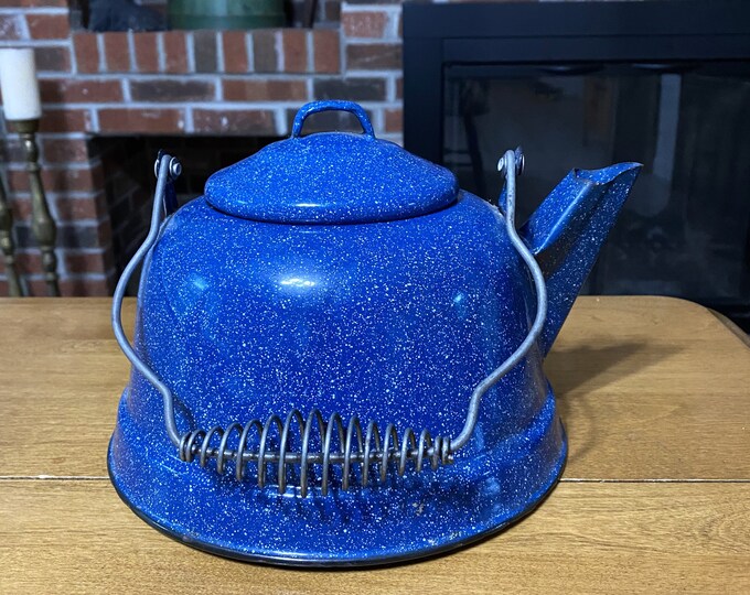 Vintage Blue Speckled Enamel Teapot Farmhouse Blue Kettle Etsy