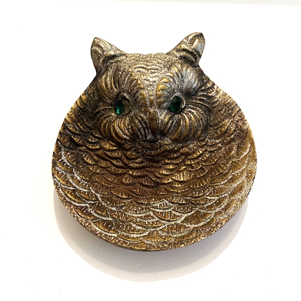 Vintage Brass Owl Dish with Green Gem Eyes the Heavy Little Trinket Dish Is Perfect for Your Desk or Dresser Owl Lover Gift
