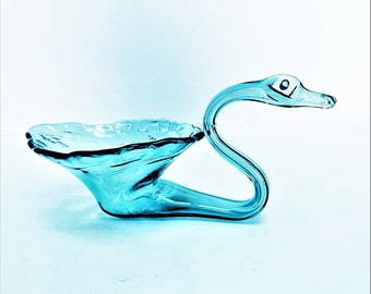 Vintage Art Glass Swan Dish with Delicate and Rare Blue Swan