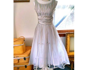 Vintage 1950s Dress Formal Blue Satin with Tulle Overlay Saks Fifth Avenue Dress Size Small Dress