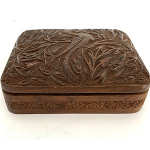 Vintage Hand Carved Wood Box Small Box with Beautifully Carved Lid with Vines and a Bird