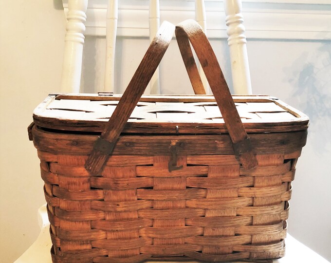Vintage Woven Wood Picnic Basket 1940 Braided Picnic Basket Etsy
