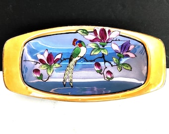 Vintage Porcelain Lusterware Hand Painted Oval Trinket Dish Bird and Floral Design Made in Japan