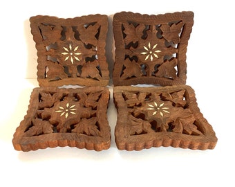 Vintage Hand Carved Teak Wood Trivets Set of Four Footed Pot Holders Made in India with Floral Desisn