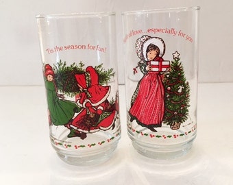Vintage Christmas Glassware Limited Edition Coca-Cola and Holly Hobbie 1981 Promotional 16 oz Glasses