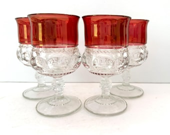 Vintage King's Crown Cranberry Flashed by Tiffin-Franciscan Set of Four Water Goblets