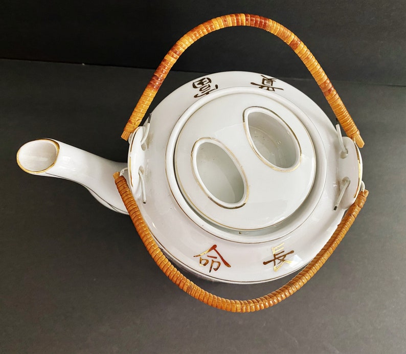 Vintage Japanese Teapot With Two Bamboo Handles off White With Etsy
