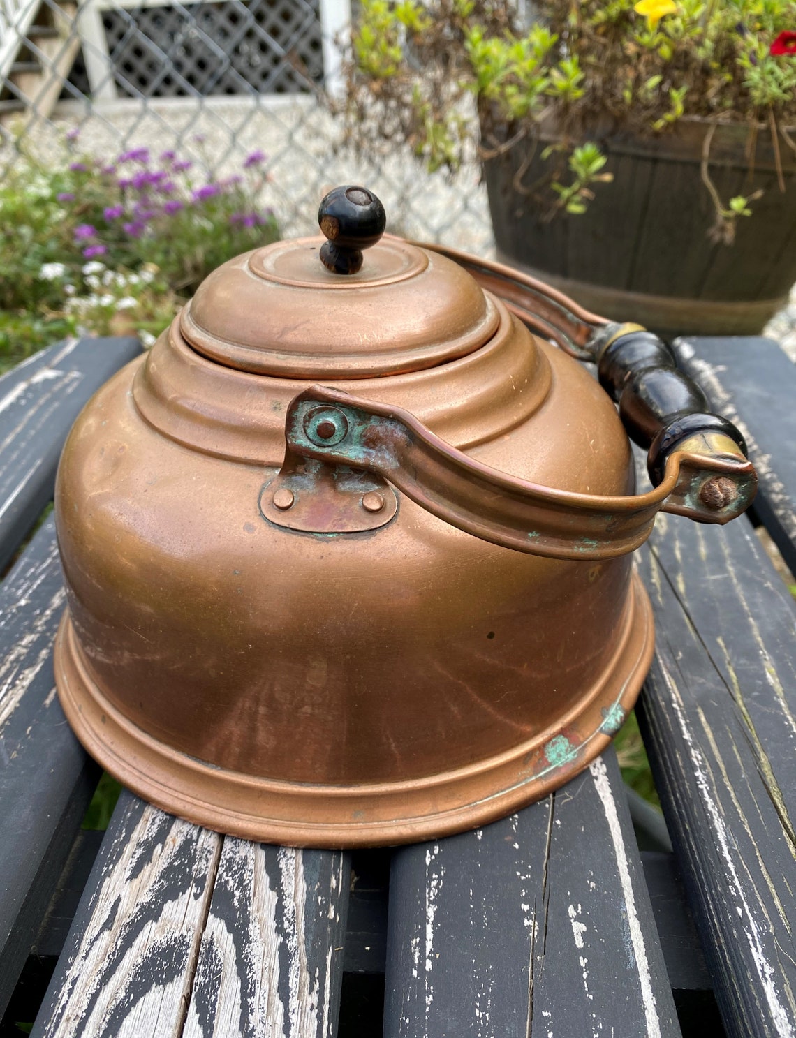 Vintage Copper Teapot Rustic Copper Tea Kettle With Wood Grip Etsy