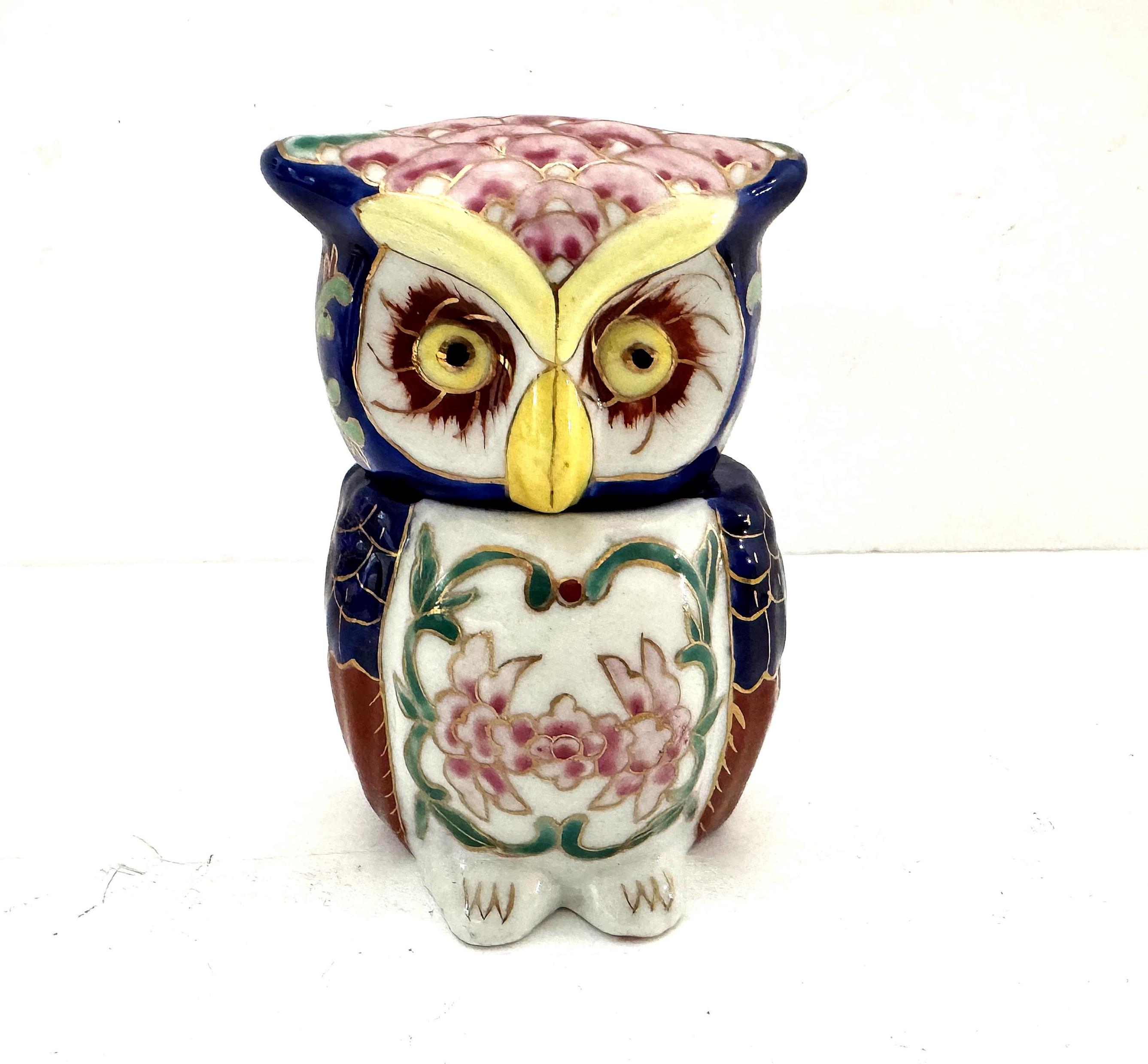 Vintage Porcelain Owl Figurine Colorful Owl with Removal Head to Reveal a Jar or Container for Small