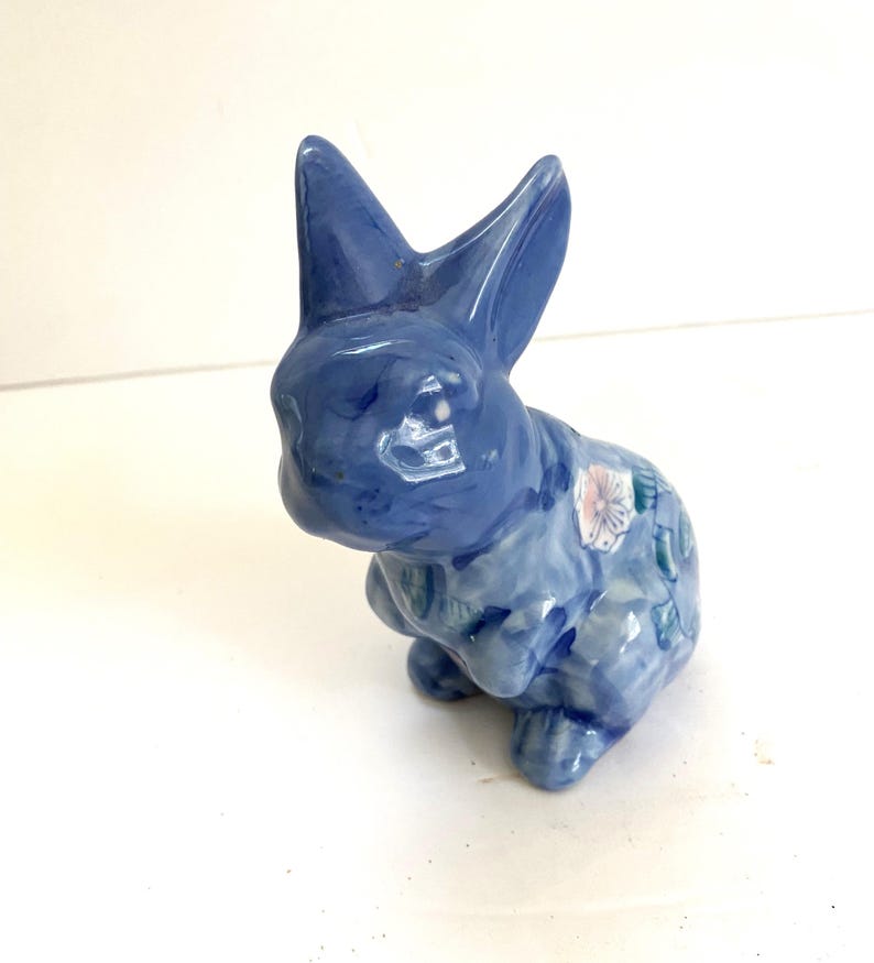 Vintage Ceramic Blue Bunny With Pink Flowers and Green Leaves, Easter ...