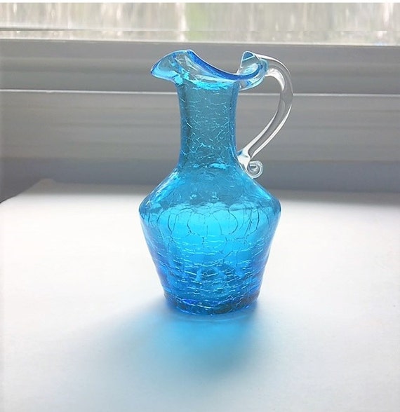 Vintage Pilgrim Art Glass Blue Crackle Glass Pitcher with Etsy