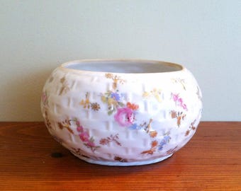 Vintage Small White Bowl or Planter with Raised Basket Weave and Applied Flowers Cottage Core