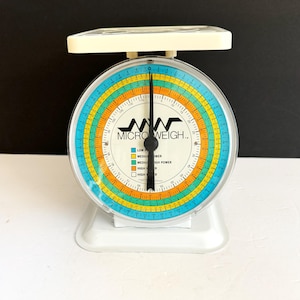 Vintage Micro Weigh Tabletop Scale White Microwave Scale with Colorful Dial in Original Box with Paperwork circa 1970s