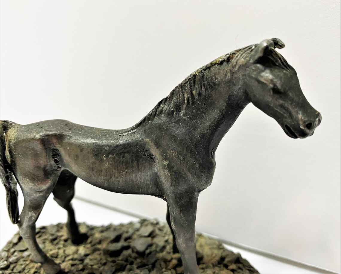 Vintage Cast Metal Pewter Horse Statue on Platform Desk Etsy