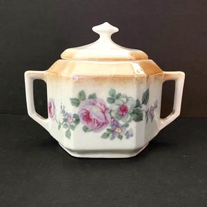 Vintage Porcelain Sugar Bowl Cream and Peach with Roses Hexagon Shape Sugar Bowl circa 1930s