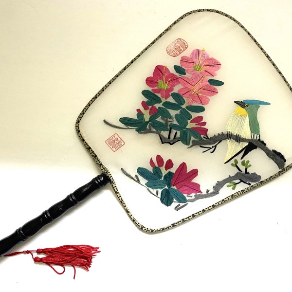 Vintage Silk Paddle Fan with Bamboo Wood Handle and Red Tassel Double Sided Chinese Hand Fan Embroider Flowers on Both Sides