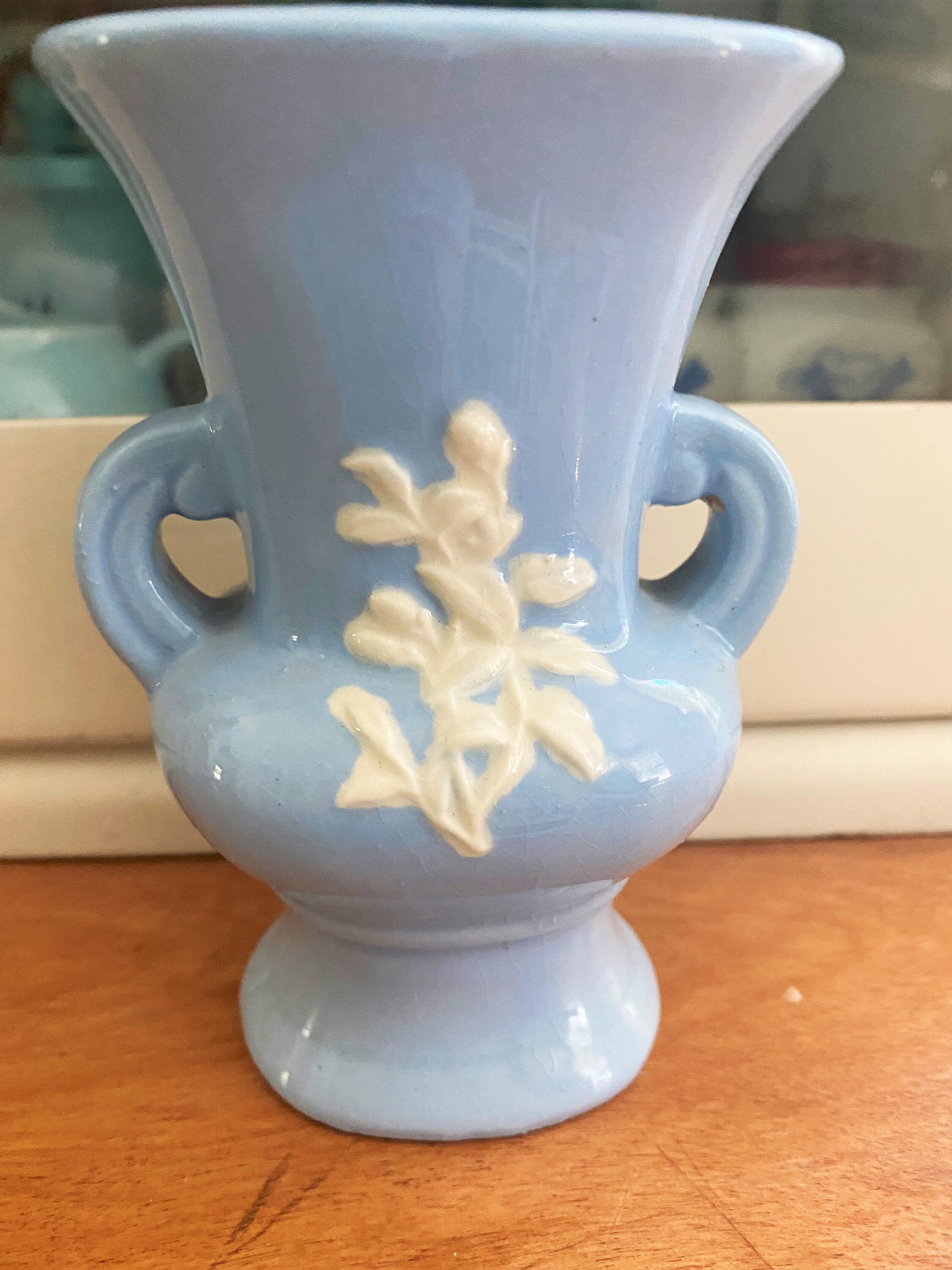 Vintage Weller Pottery Vase Blue With Raised White Flowers and Etsy