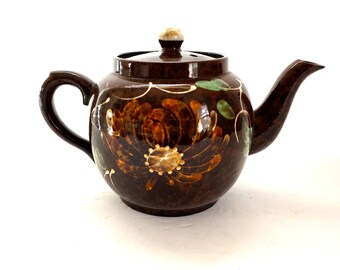 Vintage Glossy Brown Ceramic Teapot with Hand Painted Flowers on Both Sides 5 Cup Teapot circa 1950s Price Kensington Collectible Teapot