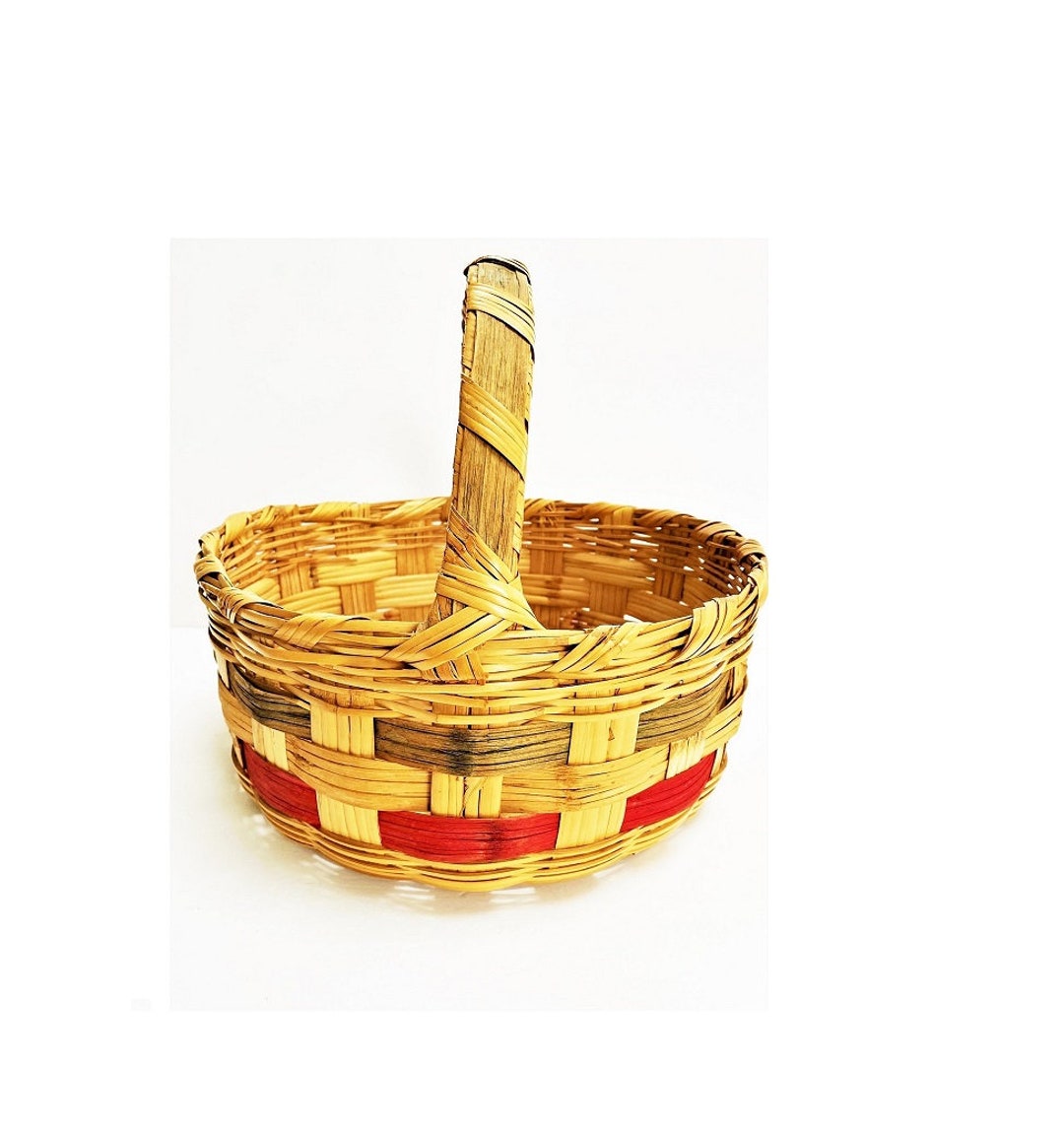 Vintage Wicker Basket Large Round With Handle Easter Basket With Red