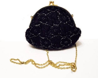 Vintage Evening Bag Black Beaded with Cross Over Bag Gold Tone Chain Formal Purse