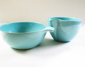 Vintage Aqua Melmac Creamer and Open Sugar Bowl Watertown Monterey Retro Melamine Mid Century Modern Kitchen