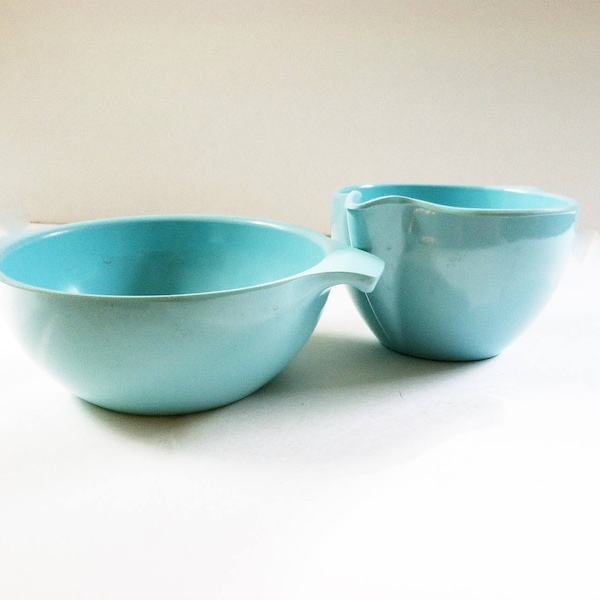 Vintage Aqua Melmac Creamer and Open Sugar Bowl Watertown Monterey Retro Melamine Mid Century Modern Kitchen