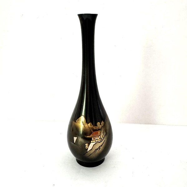 Vintage Japanese Chokin Bud Vase Etched Metal Mt Fuji and Pagoda in Gold