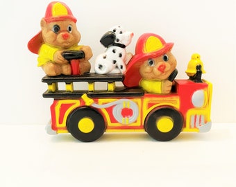 Vintage Child's Room Wall Decor Bears and Dalmatian in a Fire Truck 3-D Child's Room Decor