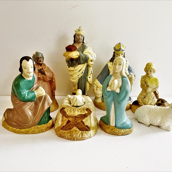 Vintage Ceramic Naivety Set Nine Piece Large Figures Hand Painted Holland Mold Christmas Naivety Set