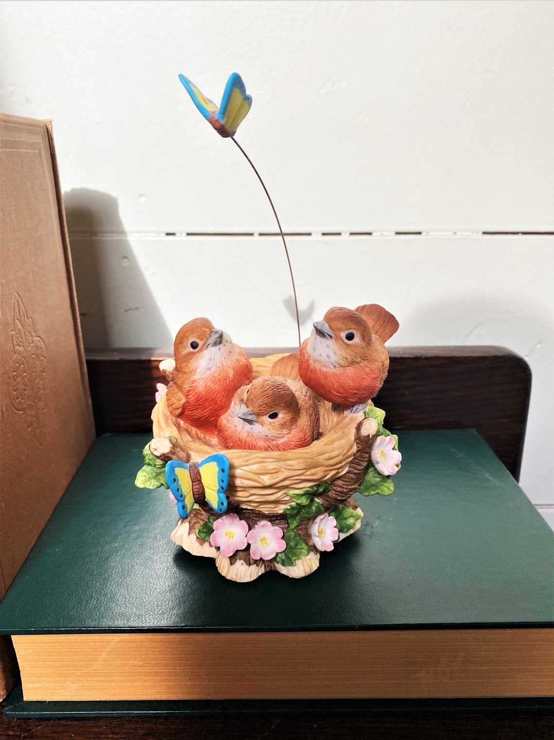 Vintage Music Box Baby Birds in Nest With Fluttering Blue Etsy