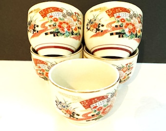 Vintage Japanese Sake Cups, Cream Floral Gold Trim, Set of 5