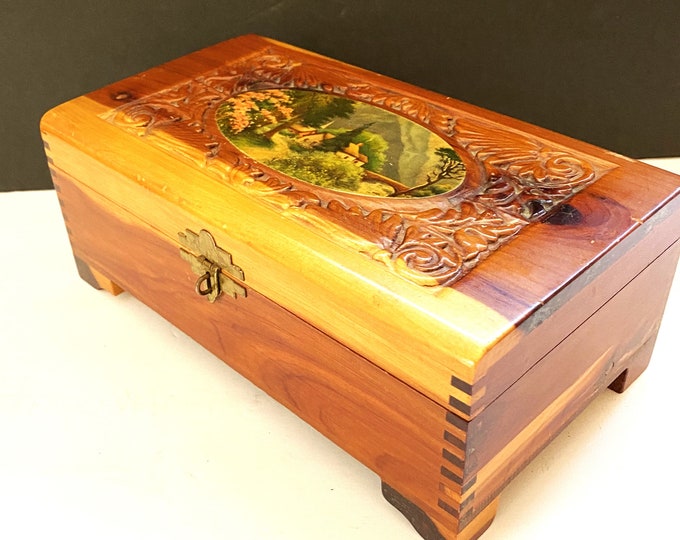 Vintage Hand Carved Cedar Wood Jewelry Box With Pretty Cottage Scene on