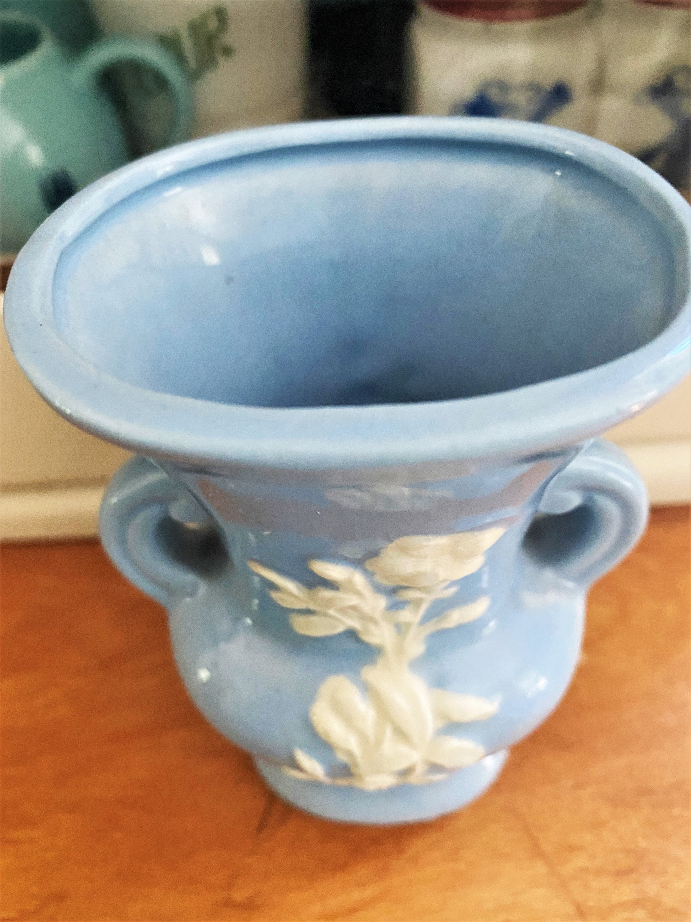 Vintage Weller Pottery Vase Blue With Raised White Flowers and Etsy