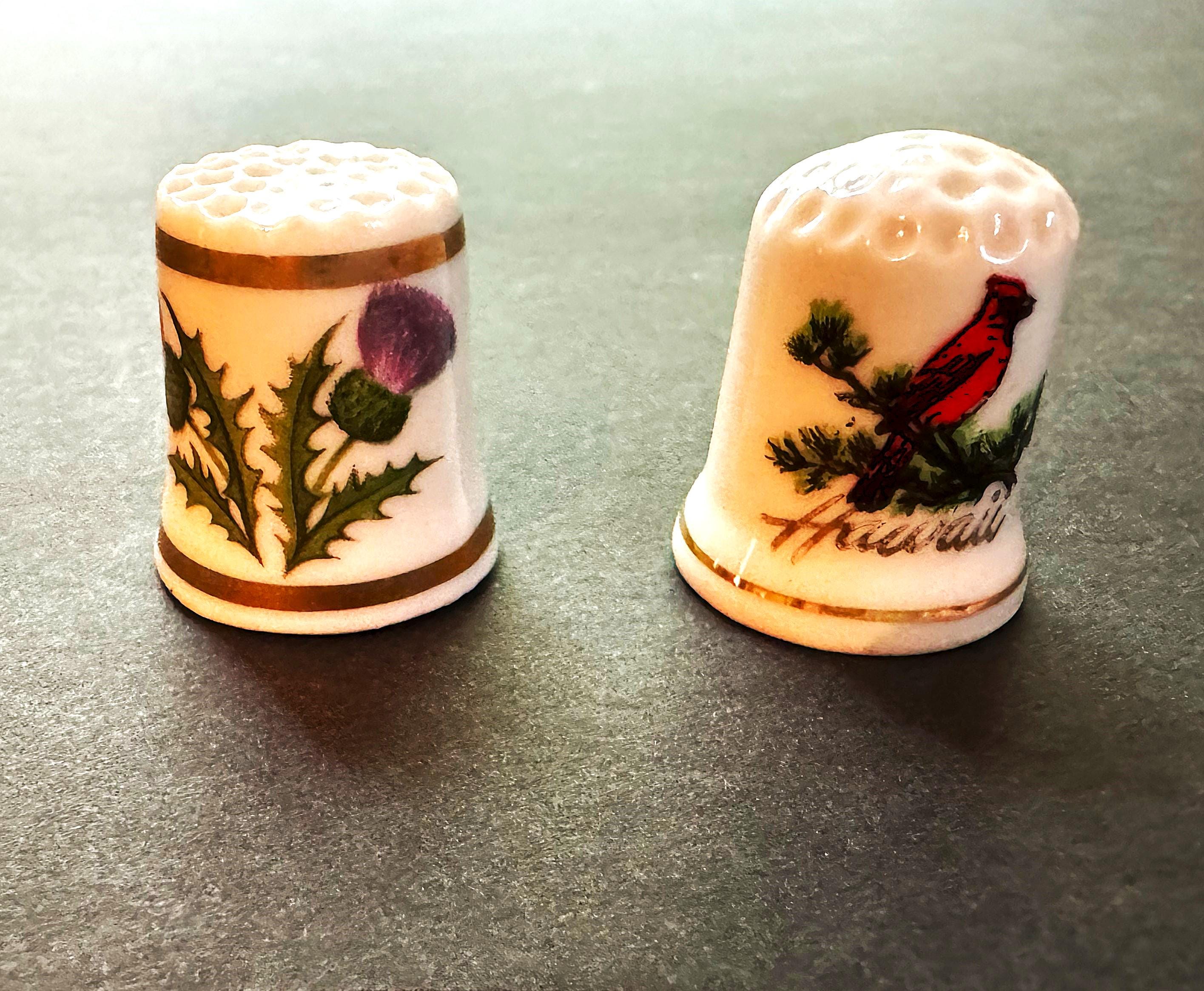 Vintage Pair Fine Bone China Thimbles Cardinal and Thistles