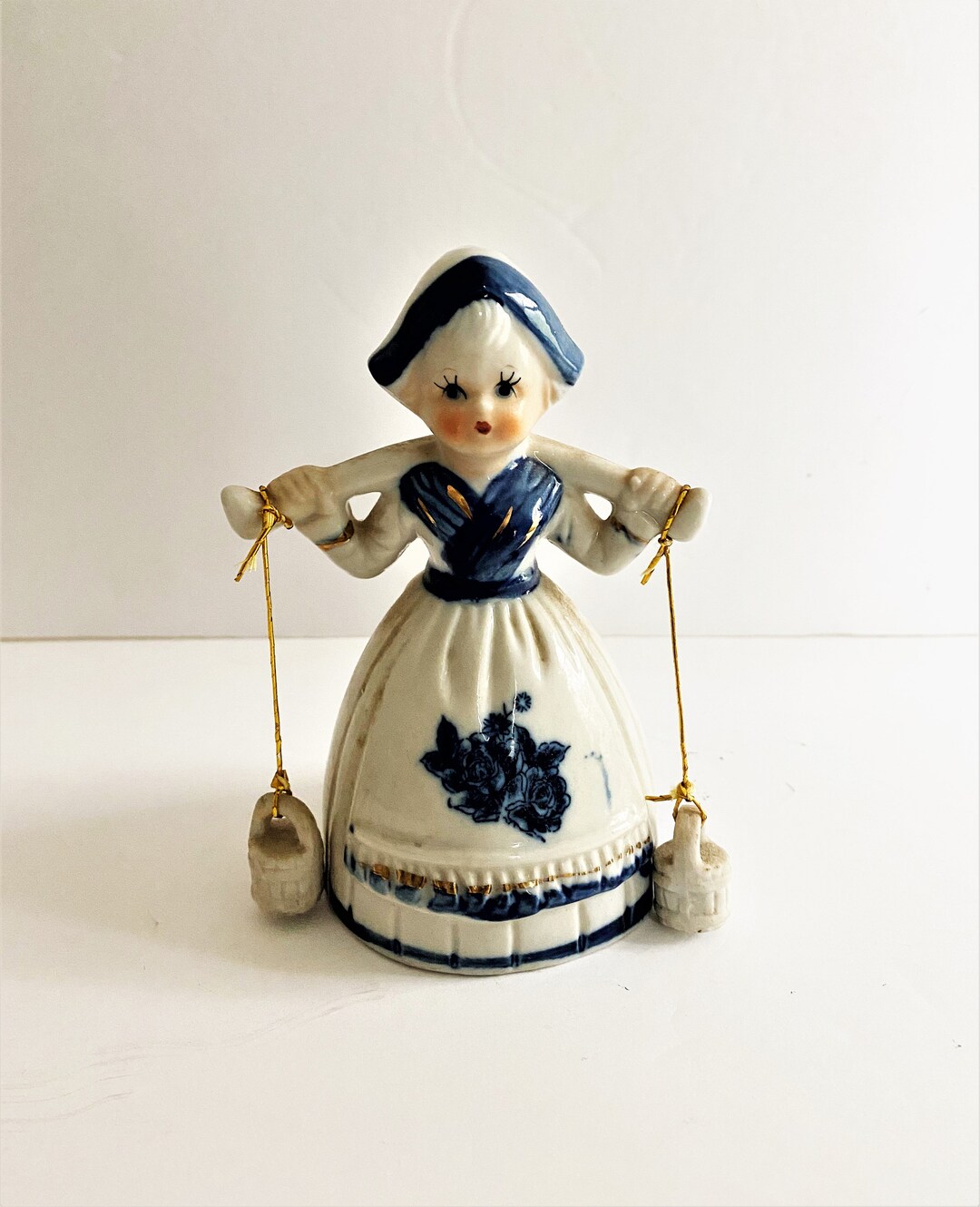 Vintage Porcelain Dutch Girl Blue and White Bell Buckets Are Clappers