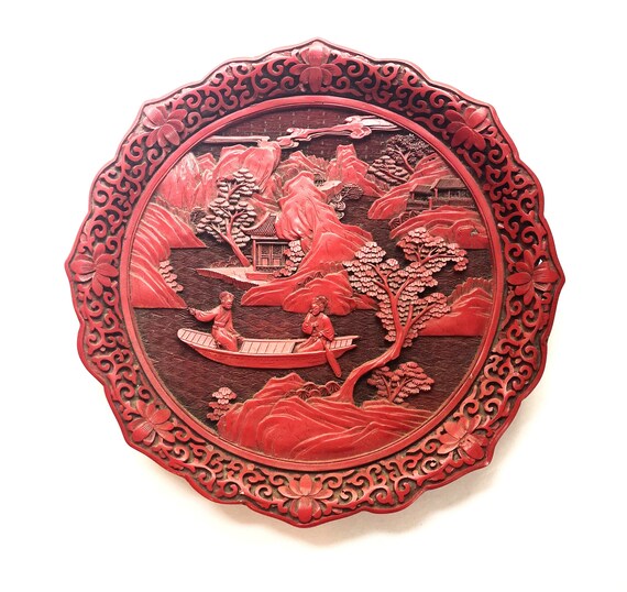 Vintage Chinese Carved Cinnabar 10 Inch Plate Foliate Rim Red Dish