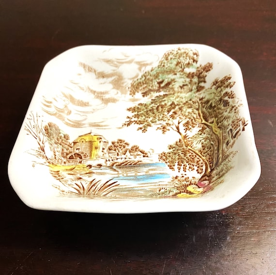 Vintage Trinket Dish Myott Staffordshire England's Charm Brown, Multicolor Scene