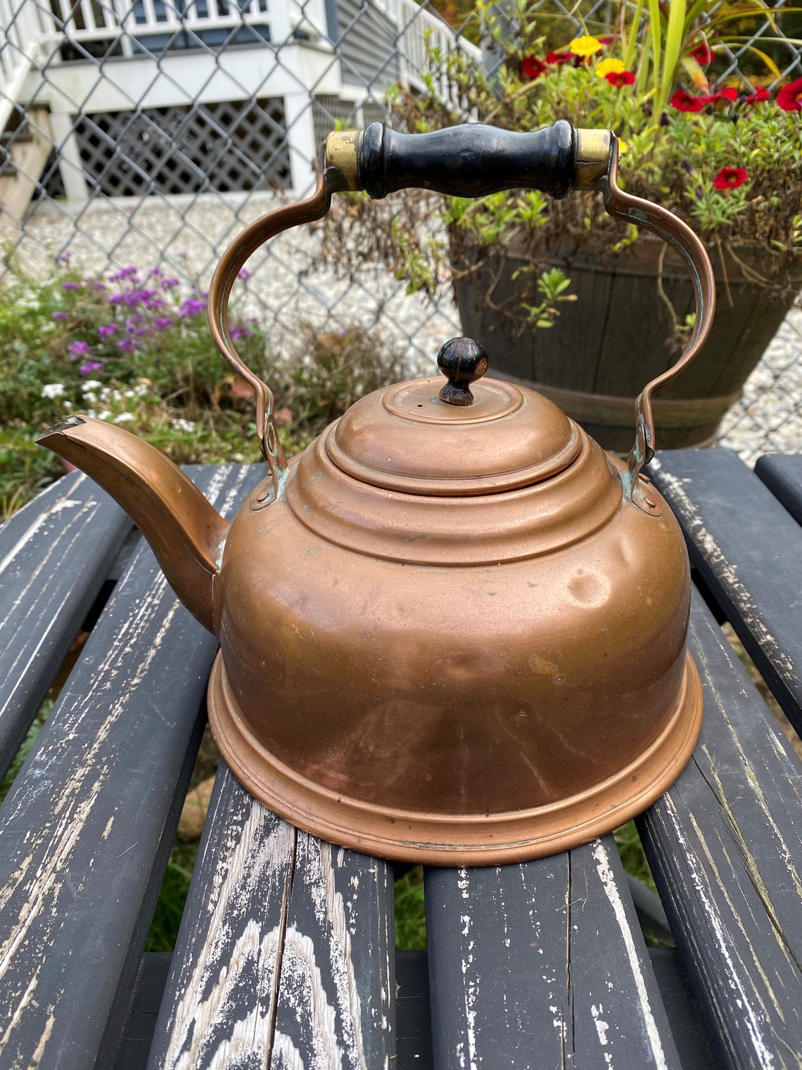 Vintage Copper Teapot Rustic Copper Tea Kettle With Wood Grip Etsy