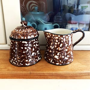 Vintage Stangl Brown Pottery Creamer and Sugar Bowl Town and Country Spongeware