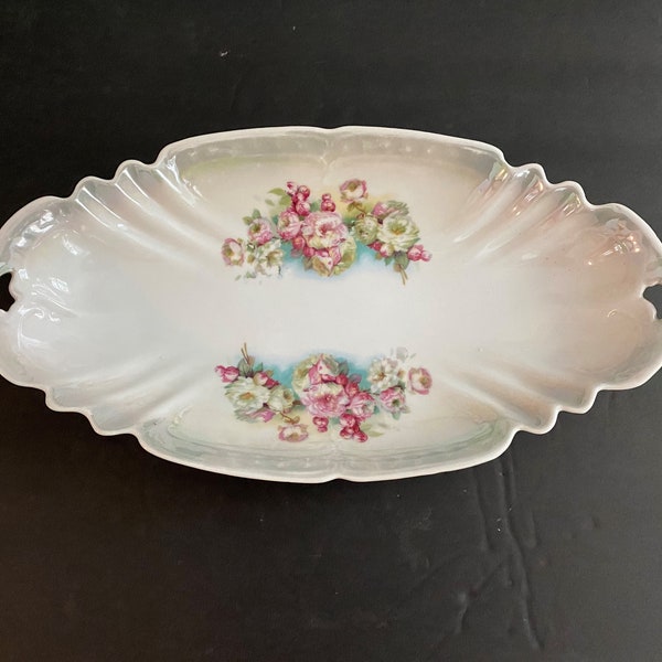 Antique Germany Porcelain Long Oval Rose Decorated Relish Dish Serving Tray