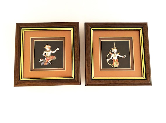 Vintage Wall Art Traditional India Art 3 Dimensional Small Square Wall Art Unique Artwork Set of Two