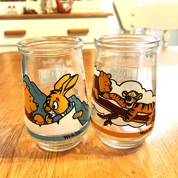 Vintage Welch's Jelly Jar Juice Glass Disney Pooh's Grand Adventure Set of 2 Colorful Glassware