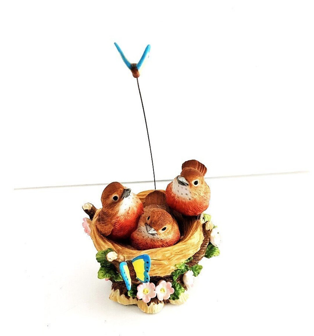 Vintage Music Box Baby Birds in Nest With Fluttering Blue Butterfly