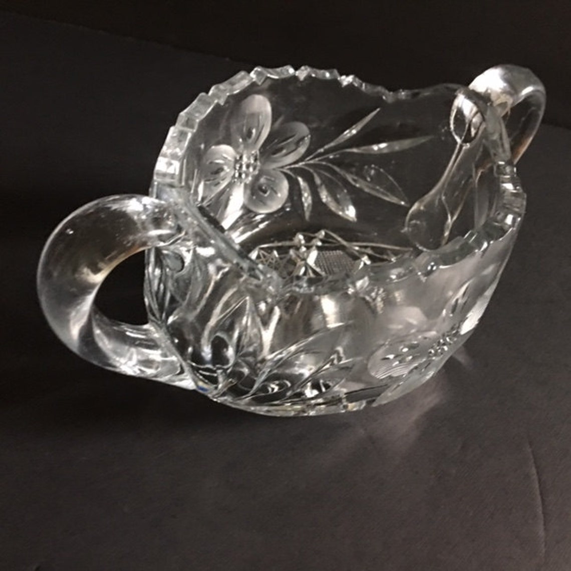 Vintage Cut Glass Crystal Open Sugar Bowl with Etched Flowers Etsy